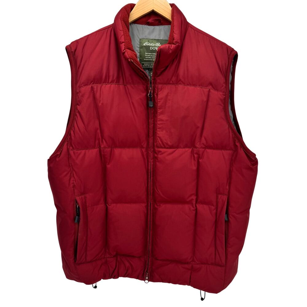 Eddie Bauer Puffer Jacket‎ Mens Large Red Goose Down Vest Full Zip + Pockets